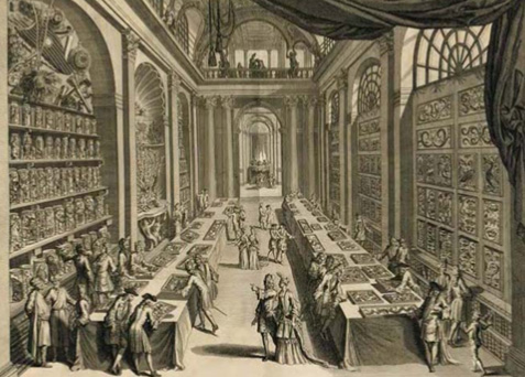 Men and women in colonial clothing in a museum.