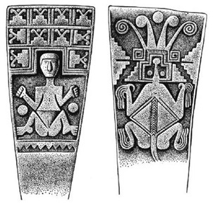 Drawn illustration of two carved stone slabs, decorated with a seated figure.