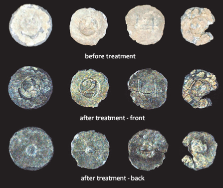 Figures 1-3 Four pewter buttons showing the front surfaces before treatment, and the front and obverse surfaces after conservation treatment. 