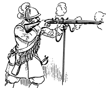 Figure 3 Black and white line drawing of 17th century musketeer in plumed helmet and period costume firing matchlock musket supported on forked rest, with powder horn at waist and smoke emerging from barrel.
