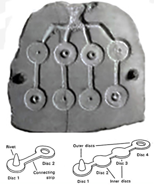 Figures 1 and 2 Top figure shows half of a mold for making lead cloth seals. Bottom figures show two diagrams of a single and double faced lead cloth seal.