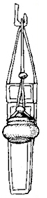 Drawing of a rectangular box and a rounded container hanging by a cord from a hook.