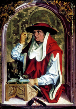 Medieval man in a red hat and robe holding a pen and a book.