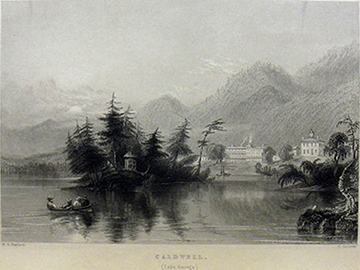 Drawn illustration of Lake George, featuring canoe with group of people on a mountain lake.