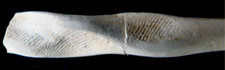 Human fingerprints impressed on the stem of a white clay tobacco pipe.