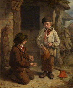 Painting of a boy kneeling before a cottage with a hand full of marbles, with another standing boy holding a bag of marbles.