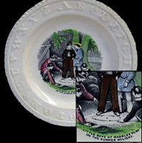 White plate with alphabet letters molded around the rim and a painted central scene of 5 boys playing marbles outside.