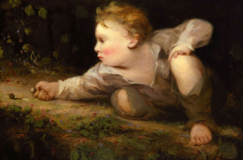 Painting of small boy in torn pants crouching on the ground and playing with marbles.