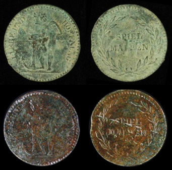 Image of coin, front and back, both before and after conservation treatment.