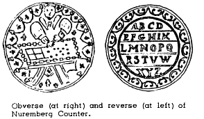 Illustrated drawing of front and back of coin. Front features a man in front of a table. Back features the alphabet.