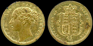 Front and back of coin, featuing the profile of Queen Victoria on front and seal of England on back.