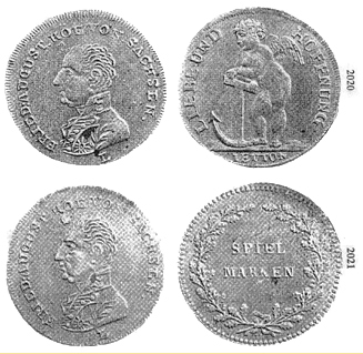 Photograph of the front and back of two coins. The top coin is labelled 