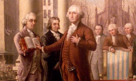 Figure 1 Painting depicting George Washington's first presidential inauguration, showing 
                    Washington in brown coat taking the oath of office with hand over heart while an official holds an open Bible, surrounded by other Founding Fathers in period dress with Federal Hall balcony railing visible.