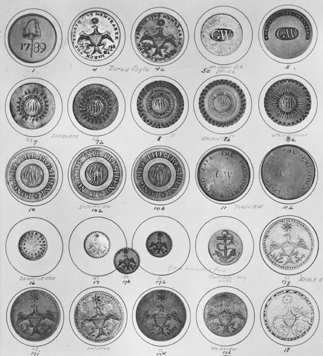 Figure 2 Photographic reference chart displaying 60 button styles commemorating Washington's inauguration.