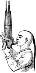 Figure 1 Line drawing engraving showing a person in profile playing a multi-tube panpipe or mouth organ instrument held vertically, demonstrating period performance technique.