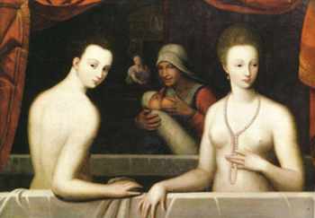 Painting of two nude women in a bath. In background a baby is being breastfed by a serving woman.