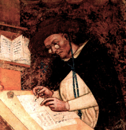 Painting of medieval man wearing wide brimmed hat and glassess, writing.