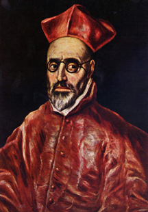 Painted portrait of a Catholic Cardinal, wearing eyeglasses.