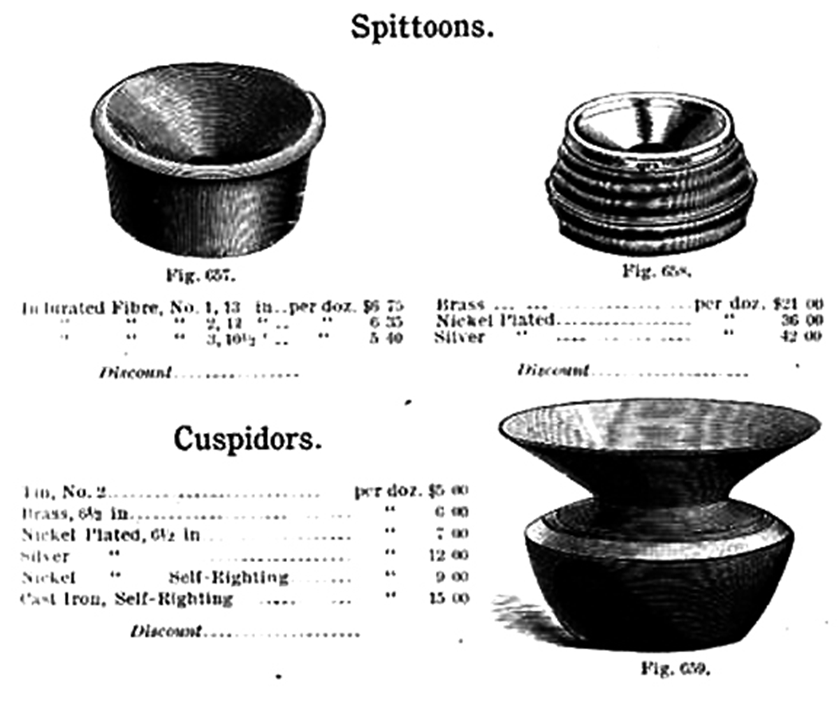 Catalog page advertisement for spittoons showing drawings of three spittoon models for sale.