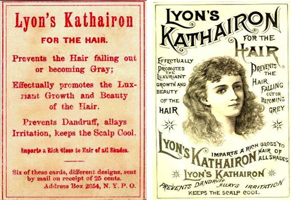 Two printed advertisements for Lyon's Kathairon Hair tonic. 