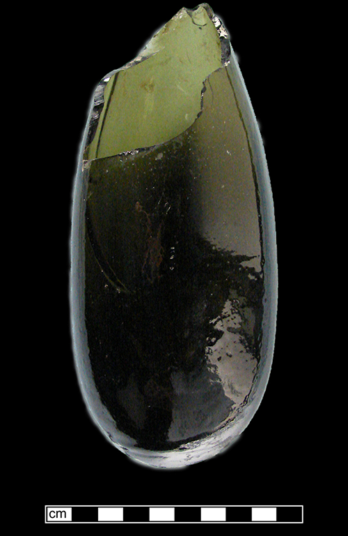 Dark olive green glass bottle with a rounded base.