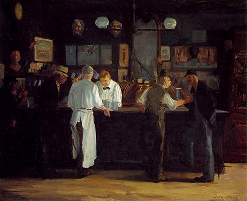 Painting of five men standing at a wooden bar in a drinking establishment.