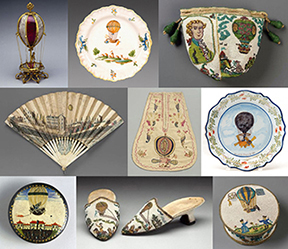 Figure 2 Collection grid of nine late 18th century decorative objects featuring hot air balloon imagery including ornate perfume bottle, ceramic plates, embroidered purses and pouches, 
                    painted hand fan with city scene, silk shoes, and textile boxes.