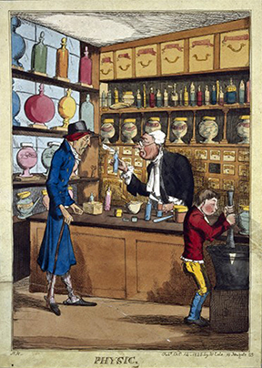 1825 print of an English pharmacy showing two men and a boy standing against shelves filled with bottles.