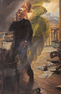 1895 painting of an absinthe drinking man being attacked by a green fairy.
