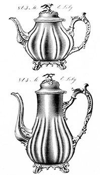 Figure 2 Historical catalog illustration showing two  ornate fluted teapots or coffeepots with elaborate scrollwork handles, curved spouts, and decorative feet, labeled with figure numbers.