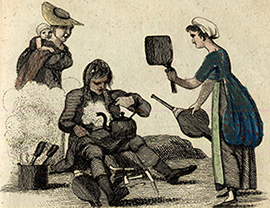 Figure 5 Hand-colored historical engraving depicting a tinker shown sitting and working on a tea pot with assorted tools, another female figure holding a cooking pot and bellows, and observers in the background.