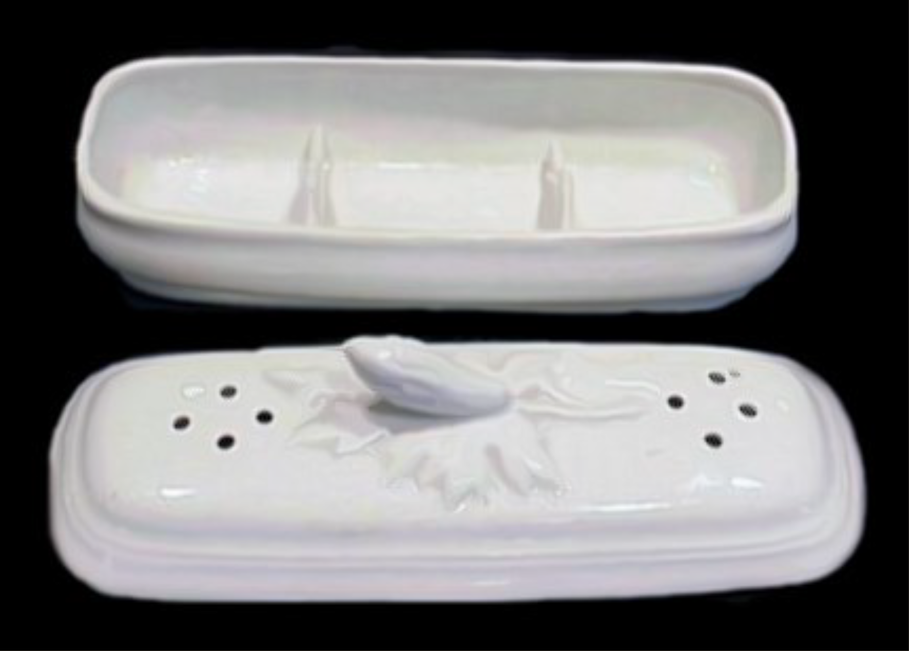 White ironstone brush box with lid removed and sitting in front of the box.
