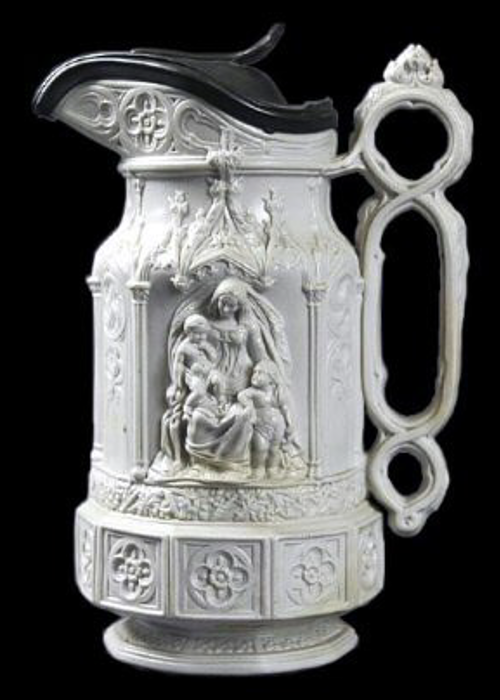 White stoneware jug molded with a biblical female holding two babies.