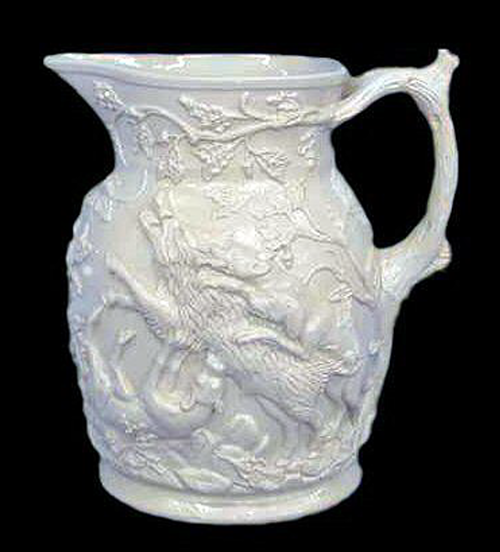 White stoneware jug molded with a dog hunting a wild boar.