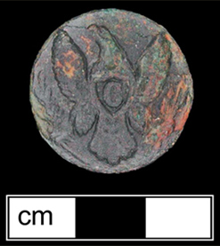 Figure 1 Corroded circular metal button against black background with centimeter scale bar below, showing an embossed eagle design with shield on chest with the letter 