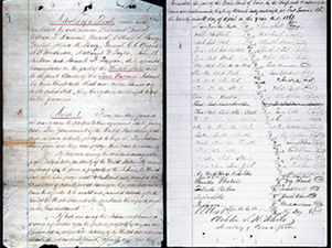 Figure 2 Two-page spread from a historical treaty document dated April 29, 1868, showing handwritten articles of agreement on the left page with cursive text beginning
                    