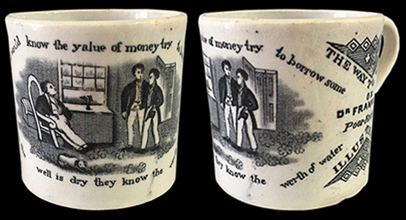 Two images of a small mug, decorated with print of man seated in chair with two young boys in front of him, asking for money.