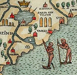 Figure 2 Detail from 16th century map showing two figures ice skating with poles on frozen water.