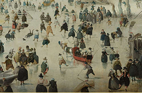 Figure 3 Detail from winter landscape painting showing figures ice skating on frozen canal or river, with people in 17th century dress engaging in various winter activities including skating, sledding, and riding in red boat-sled 
                    pulled by horse, bare trees visible along shoreline.