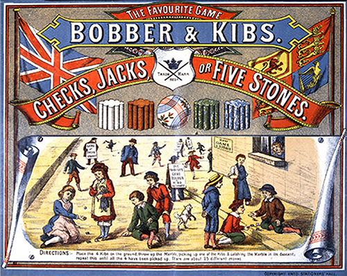 Box top of 1894 Bobber & Kibbs game of checks, jacks, or five stones.  Box shows Victorian-era children playing games in the street.