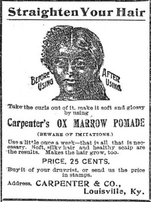 Late 19th century advertisement for ox marrow pomade depicting a woman with treated and untreated hair.