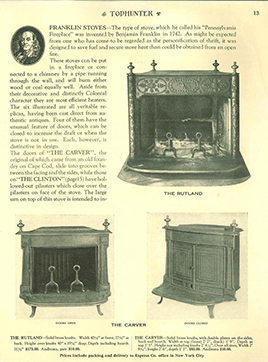 Historical catalog page from showing Benjamin Franklin portrait medallion and three models of Pennsylvania Fireplace Franklin stoves.