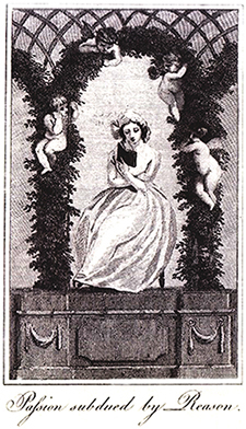 Print of a woman reading under an arbor and looked upon by four cherubs.