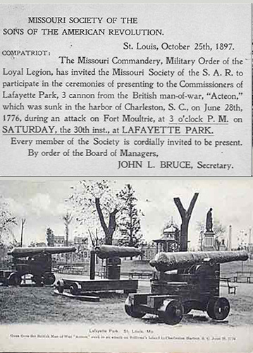 Black and white photograph showing three Civil War era cannons displayed on wheeled carriages in Lafayette Park, St. Louis with monuments and bare trees visible in background.