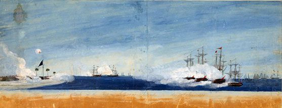 Watercolor painting depicting naval bombardment scene with multiple sailing warships exchanging cannon fire across blue water with white smoke plumes, some vessels near shoreline with flag visible.