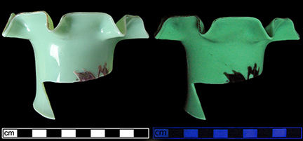 Fragment of a uranium glass vase under regular lighting and under ultraviolet lighting.