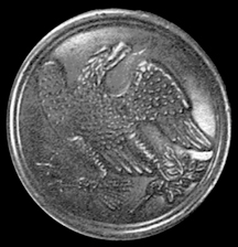 Close-up photograph of embossed round copper alloy scabbard belt plate showing American eagle design with spread wings clutching arrows and olive branch against dark background.