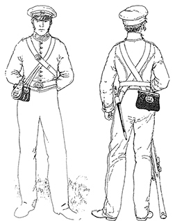 Line drawing showing front and back views of Civil War soldier in military uniform and equipment arrangement.