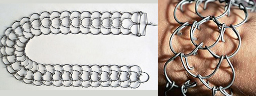 Modern photograph of a cilice. Image on left shows cilice on a flat surface and image of right shows cilice on a person's arm or leg.