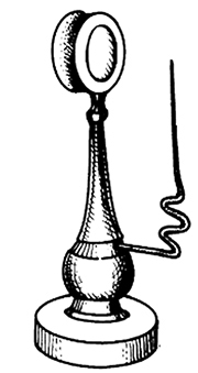 Drawing of a simple microscope with a circular lense on a stand.